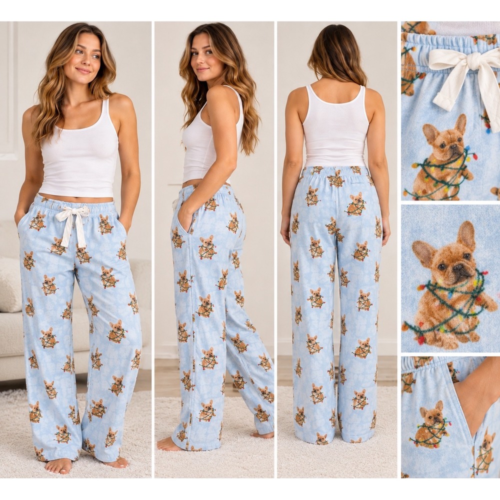 J.Crew French Bulldog Christmas Lights Flannel Pajama Pants Blue L BB728